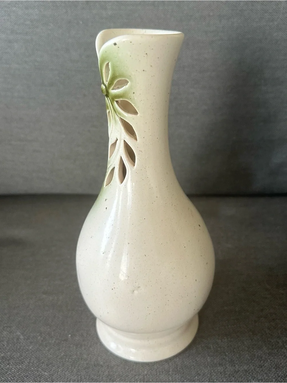 Czech Pottery Floral Cutout Cream Green Ceramic Bud Vase Farmhouse Decor
